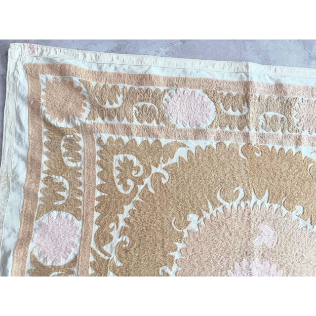 Mid-Century Modern Uzbekistan Suzani Tablecloth - Vintage Hand-Embroidered Textile - 3'9'' X 3'11'' For Sale - Image 3 of 7