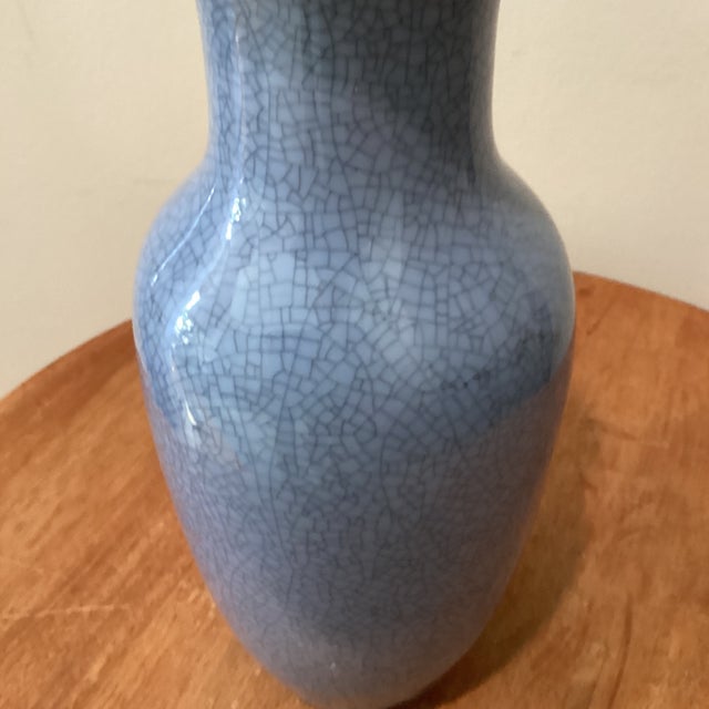 Cornflower Blue Vintage Chinese Blue Crackle Glaze Porcelain Baluster Vase on Wood Base For Sale - Image 8 of 12