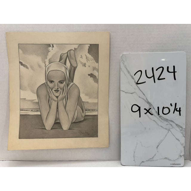 1940s 1940s Original Signed Graphite Illustration of Art Deco Swimmer at the Beach, 10¼ × 9 In. For Sale - Image 5 of 5
