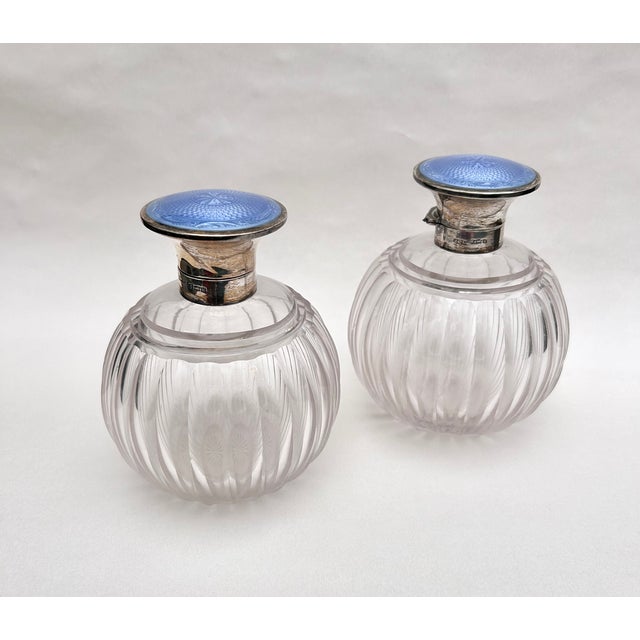 Blue Pair of Antique Henry Clifford Davis Sterling Silver & Blue Guilloche Enamel Vanity Bottles, Birmingham 1919 For Sale - Image 8 of 17