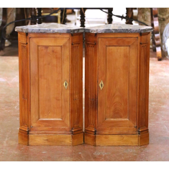 Late 19th Century Pair of 19th Century French Louis Philippe Marble Top Walnut Corner Cabinets For Sale - Image 5 of 9