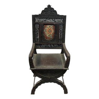Antique Moorish Carved Folding Throne Chair With Textile Panel | Anglo-Indian Ottoman Revival For Sale