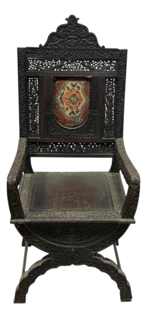 Antique Moorish Carved Folding Throne Chair With Textile Panel | Anglo-Indian Ottoman Revival