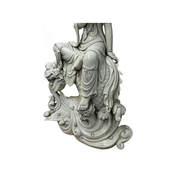 Chinese Handcrafted GuanYin Bodhisattva on Dragon White Porcelain Statue For Sale In San Francisco - Image 6 of 10