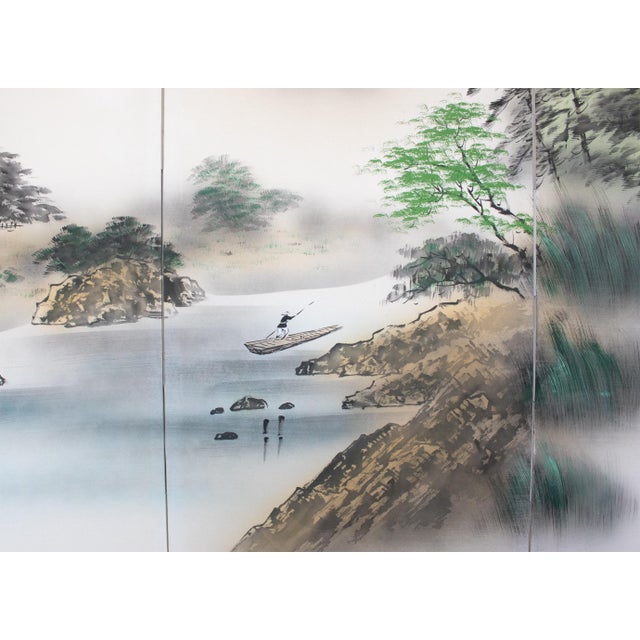 Large Showa Era Japanese Byobu Screen "Mountain Landscape With River" For Sale - Image 10 of 18