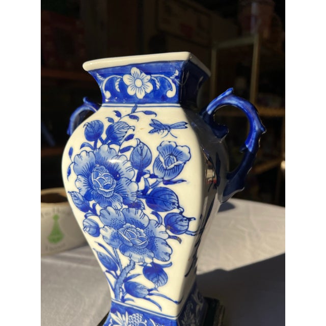 1970s Blue and White Floral Vase For Sale - Image 4 of 7