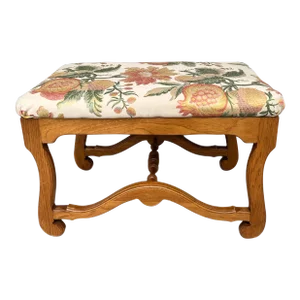 Vintage French Carved Oak Tabouret Stool With Brunschwig & Fils Upholstered Seat.