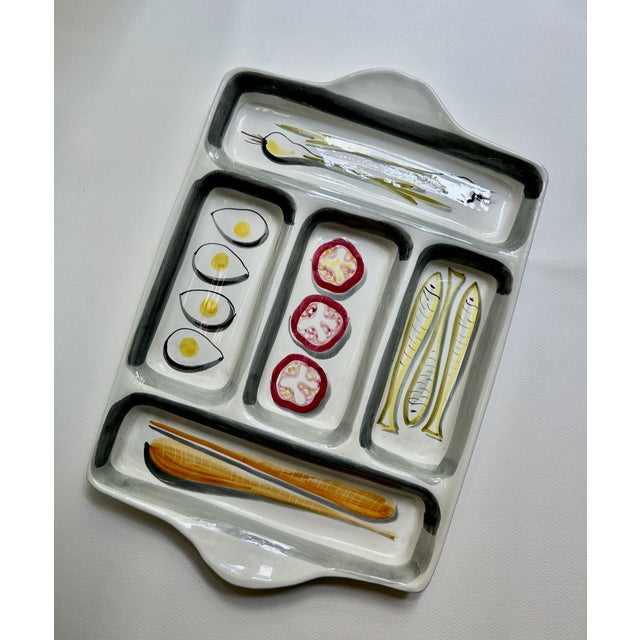 Colorful Italian Mid Century Modern hand illustrated handled Art Pottery Hors d'Oeuvres Platter. Charcuterie. Appetizers....