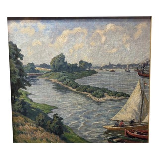 Fritz Zimmer, Harbor in Düsseldorf, Oil Painting on Canvas For Sale