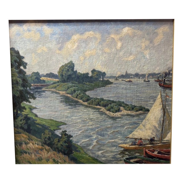 Fritz Zimmer, Harbor in Düsseldorf, Oil Painting on Canvas For Sale