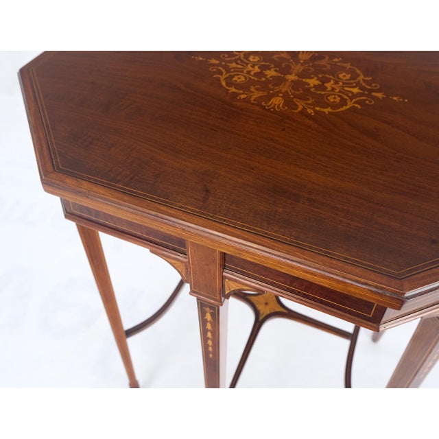 Early 20th Century Very Ornate Delicate Lines Walnut Inlay Stretched Hexagon Lamp Side Table Mint For Sale - Image 5 of 16