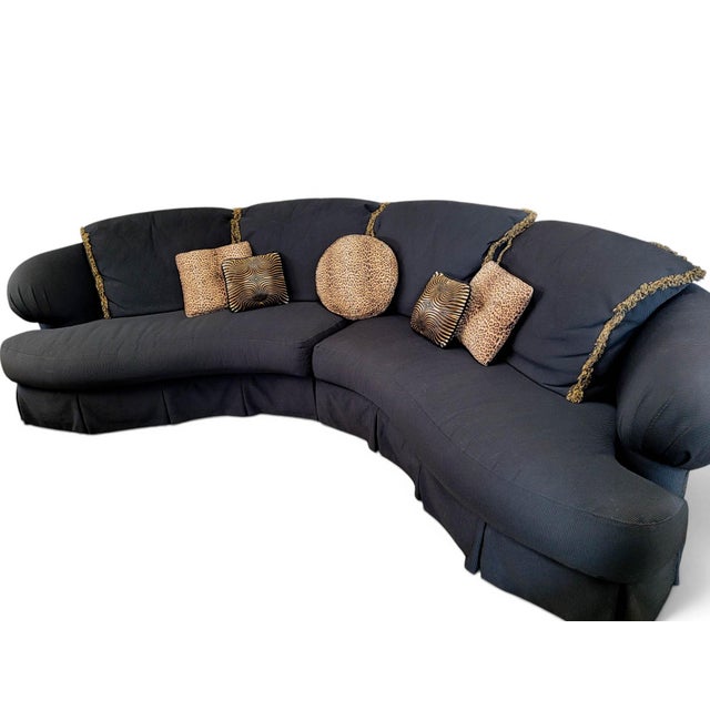 1980s Postmodern Serpentine Curved Two-Piece Sectional Sofa, Ribbed Black Upholstery For Sale - Image 9 of 17