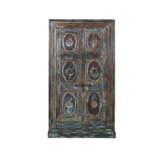 Indian Armoire Constructed From Antique Indian Painted Teakwood Doors, Its Facade and Reclaimed Elements For Sale - Image 3 of 7