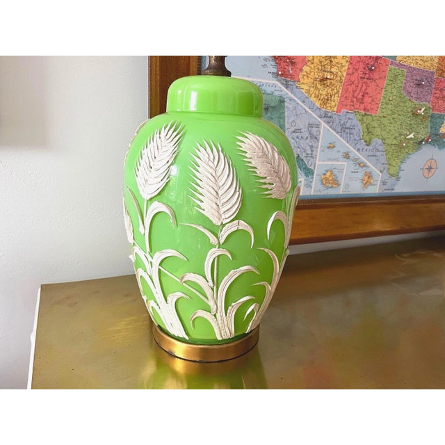 1970s Green Palm Ginger Lamp & Shade For Sale - Image 10 of 18