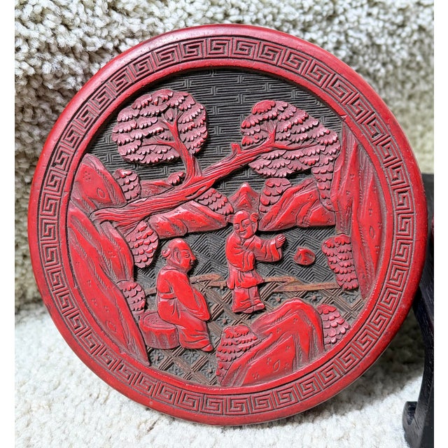 This is a chic Antique Chinese Republic Era (1930’s) Round Cinnabar Lacquer Box with Landscape Scene hand carved on the...