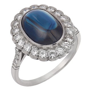 Vintage 4.10 Carat Cabochon Cut Sapphire Diamond Platinum Ring, Size 6.75 For Sale