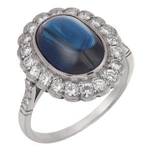 Vintage 4.10 Carat Cabochon Cut Sapphire Diamond Platinum Ring, Size 6.75