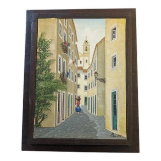 Mid 20th Century Framed Signed Painting on Canvas. Girl on Lisbon Alfama Street by Antonio M Paulino For Sale