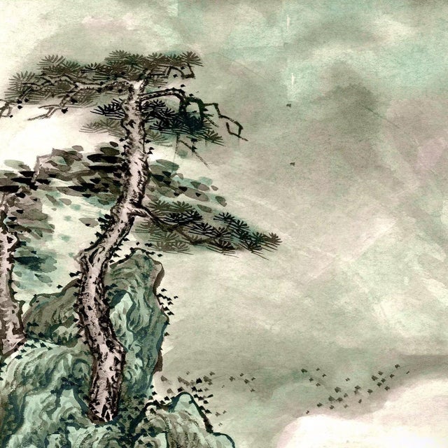 Paper 36" * H100"/Panel* 5ps, Chinese Traditional Green Landscape Gongbi Painting Wallpaper, 5 Panels For Sale - Image 7 of 8