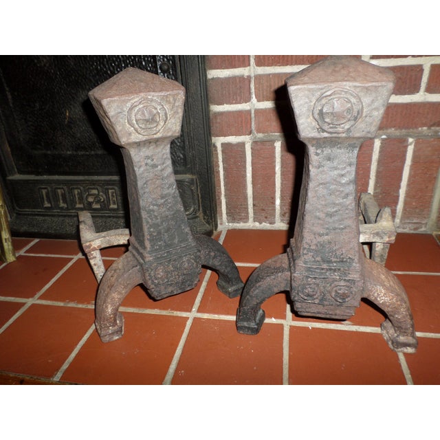 This is a Wonderful Pair of Antique Arts and Crafts Mission Andirons in Wrought Iron with a Hand Hammered Finish and a...
