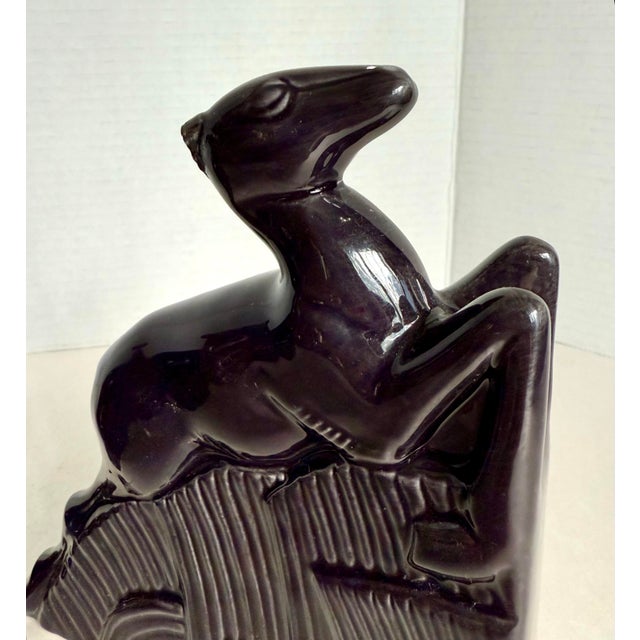 MCM Art Deco Black Glazed Ceramic Deer Bookends For Sale - Image 11 of 12