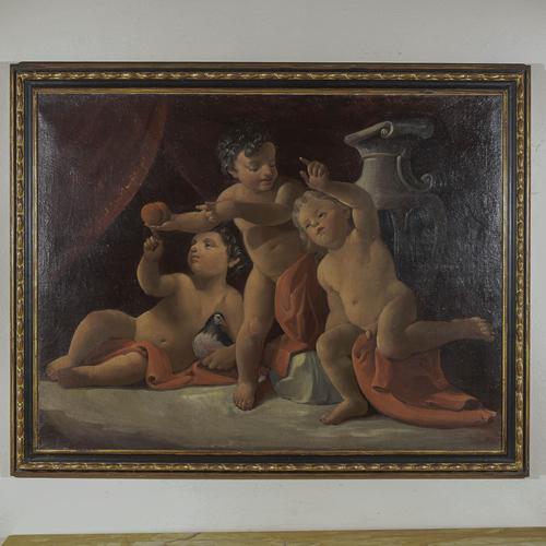 Textile Dancing Cherubs, Oil on Canvas, Framed For Sale - Image 7 of 8