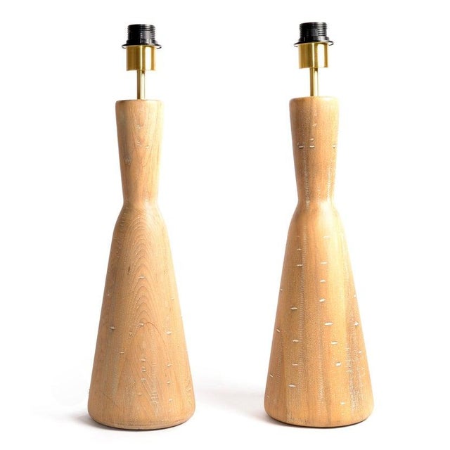 Vintage Natural Tapered Solid Wood Brass Table Lamps Mid-Century Modern, Pair For Sale - Image 16 of 18