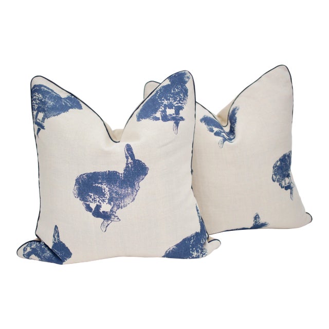 Lake August "Bun" 18" Square Hand Printed Linen Pillows - a Pair For Sale