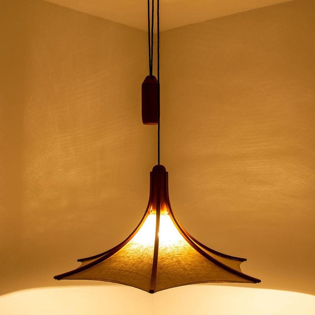 Wood Wooden Pendant Light with Textile Shade from Domus Germany, 1970s For Sale - Image 7 of 18