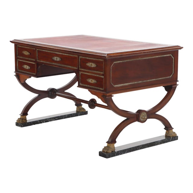 French Empire Style Leather Top Mahogany Writing Desk Having Bronze Mounts, Claw Feet and Resting on Slabs of Green Marble (Optional) C 1890. For Sale