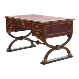 French Empire Style Leather Top Mahogany Writing Desk Having Bronze Mounts, Claw Feet and Resting on Slabs of Green Marble (Optional) C 1890.