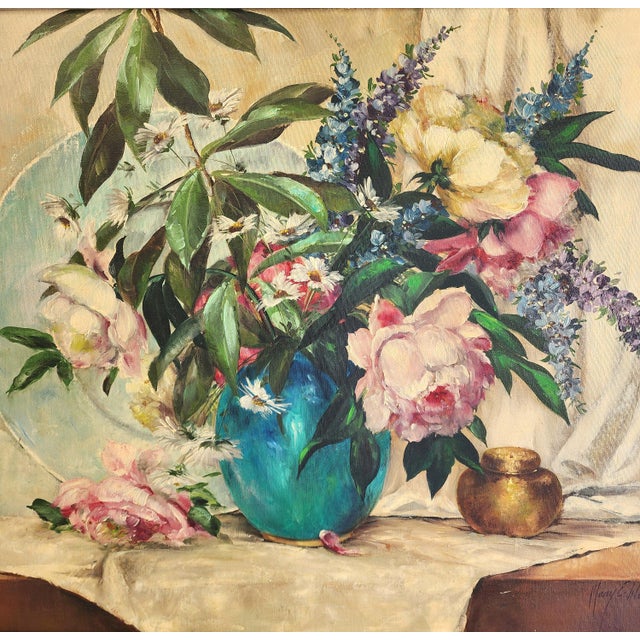 Add a striking focal point to your space with this large-scale mid-century modern original oil on canvas still life...