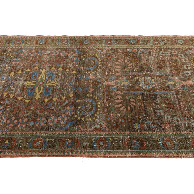 Antique Mahal Runner Rug – Distressed Terracotta & Muted Blue Wool For Sale - Image 4 of 9