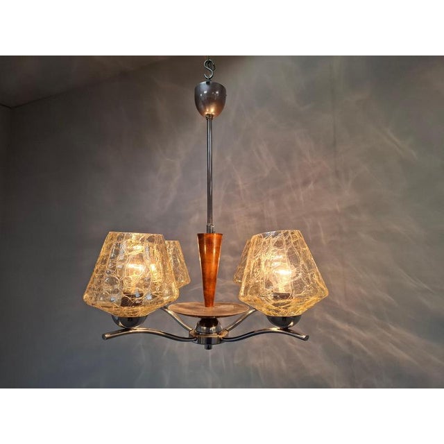 Mid-Century Modern Czech Glass, Wood and Chrome 4-Armed Chandelier from Napako, 1960s For Sale - Image 3 of 18