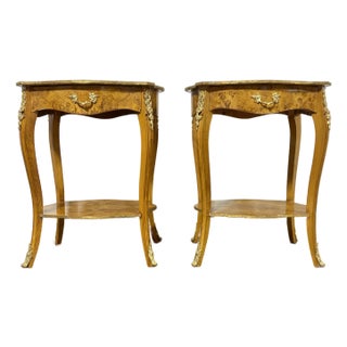 French Louis XV Style Burled Wood Side Tables, Nightstands or Gueridons - A Pair For Sale