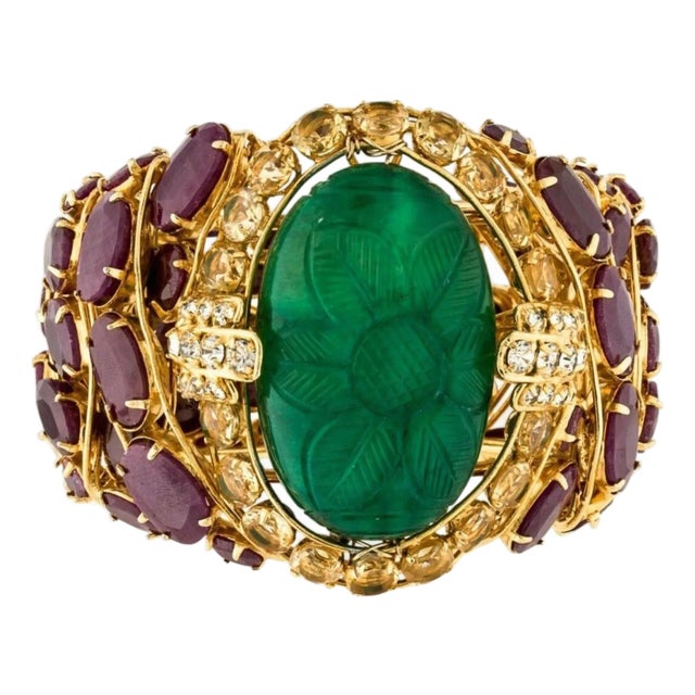 90s Iradj Moini Cuff Ruby Carved Green Emerald Citrine Statement Gold Plated Bangle Bracelet For Sale