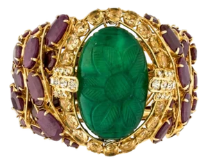 90s Iradj Moini Cuff Ruby Carved Green Emerald Citrine Statement Gold Plated Bangle Bracelet