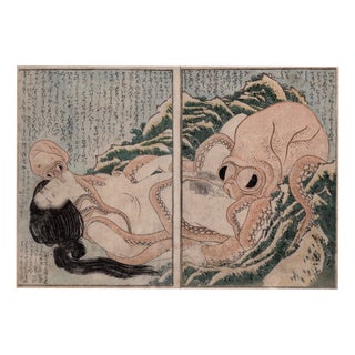 Hokusai Katsushika, the Dream of the Fisherman's Wife (Octopus and Diver), 1800s, Woodblock Print For Sale