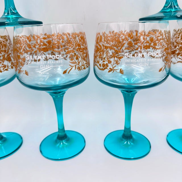 Glass 1980s Silent Pool Intricately Realised Copa Balloon Gin Glass Aqua 6pc Stem Goblets For Sale - Image 7 of 7