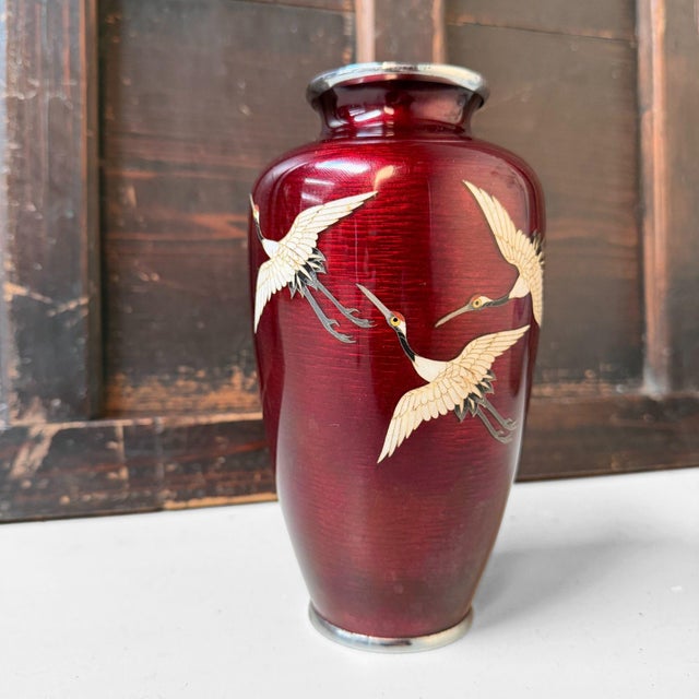 Metal Shippo-Yaki Cloisonné Vase Cranes, Andō Shippōten, 1970s For Sale - Image 7 of 18