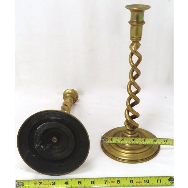 Antique 13 Inch Brass Jacobean Open Rope Twist Candlesticks a Pair For Sale - Image 11 of 13