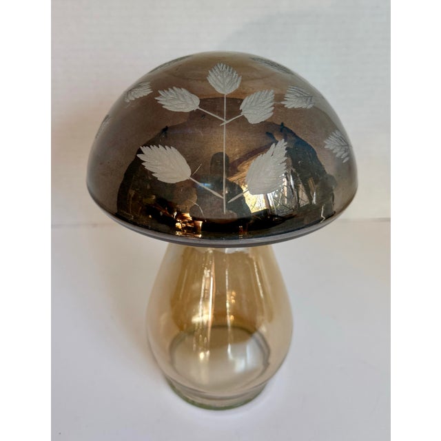 This beautiful vintage art glass mushroom, likely made in the mid to late 20th century, (probably 60-80s) featuring etched...