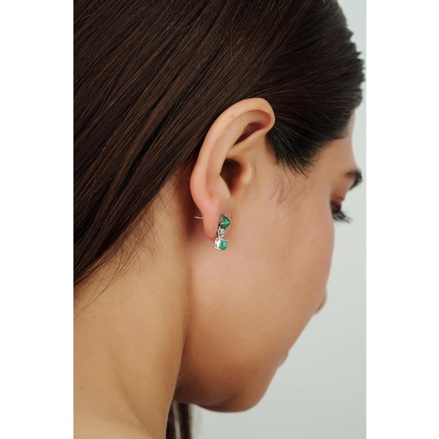 Green Elegant Emerald and Diamond Dangle Drop Earrings in Sterling Silver, A Pair For Sale - Image 8 of 11