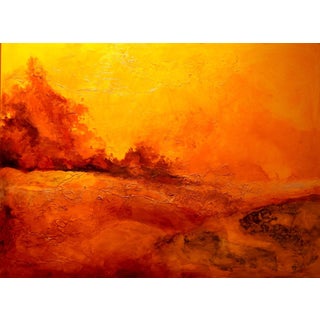 Contemporary Landscape Oil Painting on Canvas, "Deserted Sun" with Grunge Background For Sale