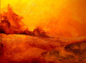 Contemporary Landscape Oil Painting on Canvas, "Deserted Sun" with Grunge Background