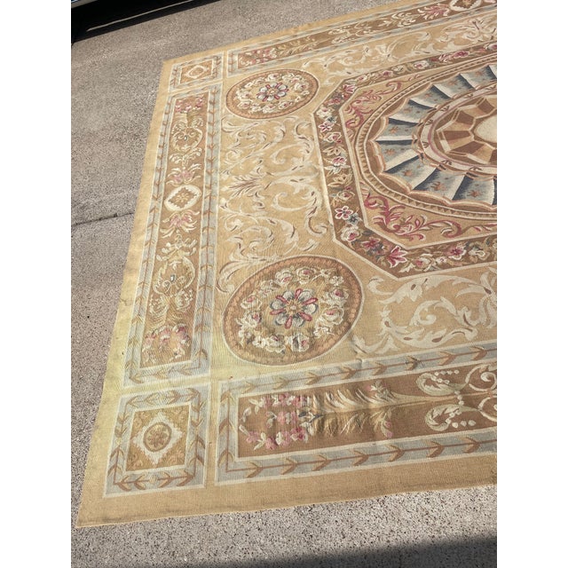 Aubusson Flatweave Rug in Gold, Beige-Brown & Blue Florals For Sale - Image 9 of 12