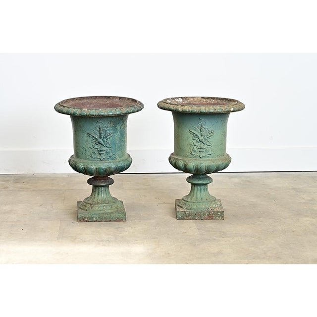 Green French Pair of 19th Century Cast Iron Urn Planters For Sale - Image 8 of 14