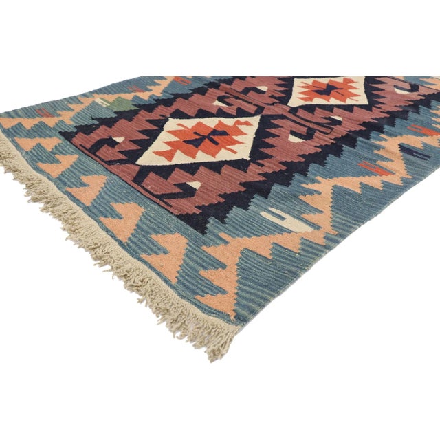Vintage Persian Shiraz Kilim Rug with Boho Chic Tribal Style 03'10 x 05'03. Full of tiny details and a bold expressive...