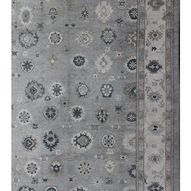 Turkish Oushak Rug in Gray, Blue and Neutral Color Palette in All-Over Flower Design For Sale - Image 4 of 13