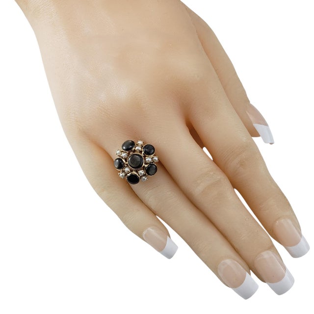 14K Yellow Gold Black Star Sapphire and Seed Pearl Cluster Ring Size 5.75 JAGi Certified- This striking cluster ring...